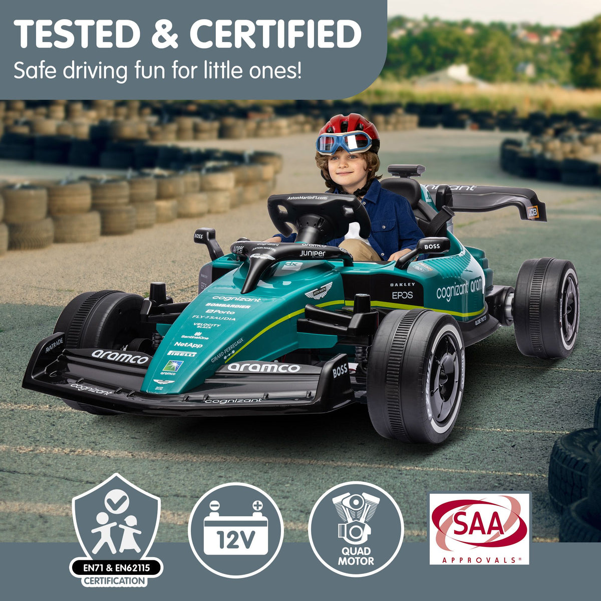 Aston Martin F1 12V Kids Electric Ride-On Race Car, Green