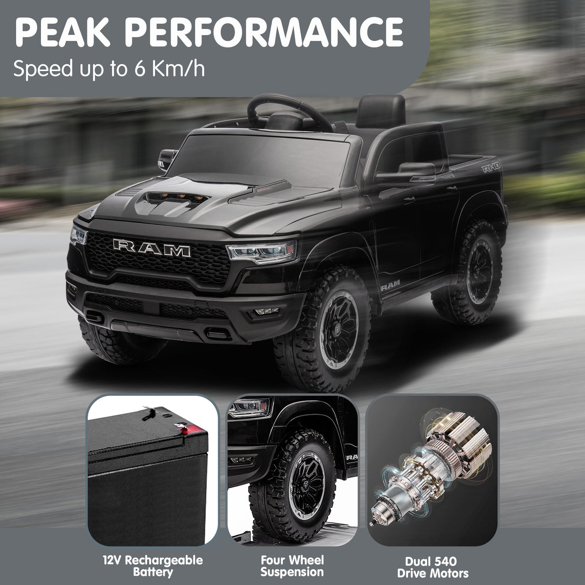 RAM 1500 RHO 12V Kids Electric Ride-On Car, Black