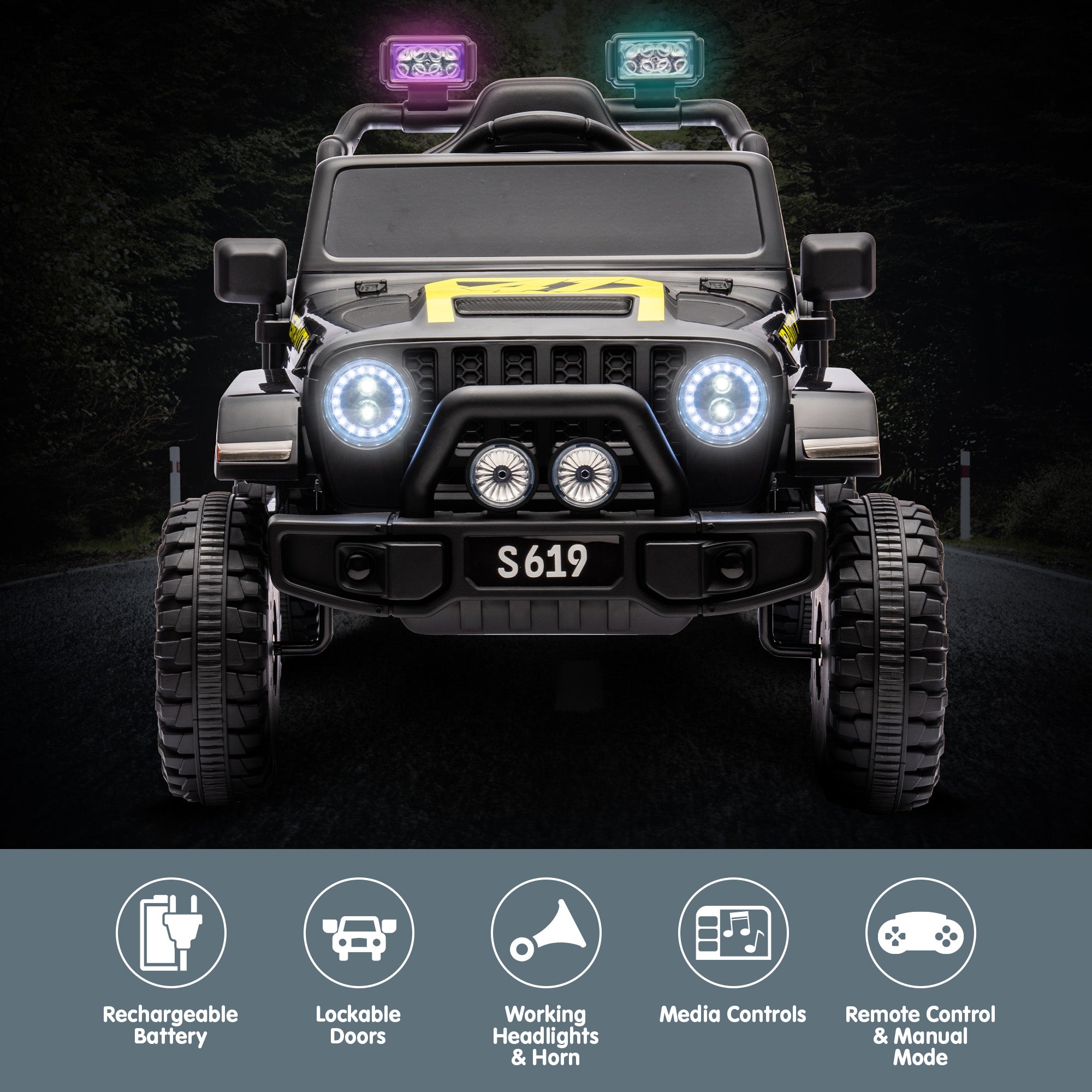 S619 Gravity 12V Jeep-Inspired Kids Electric Ride-On Car, Black
