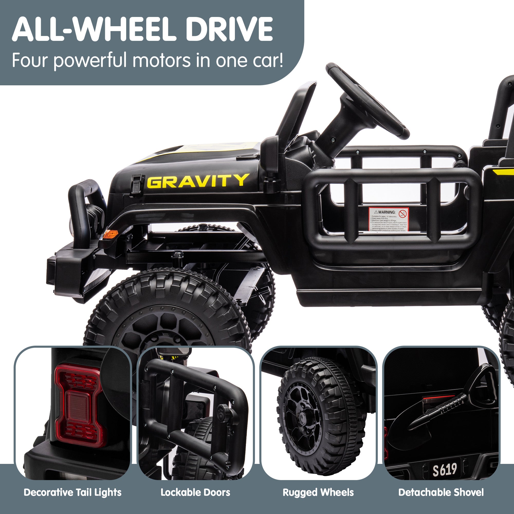 S619 Gravity 12V Jeep-Inspired Kids Electric Ride-On Car, Black