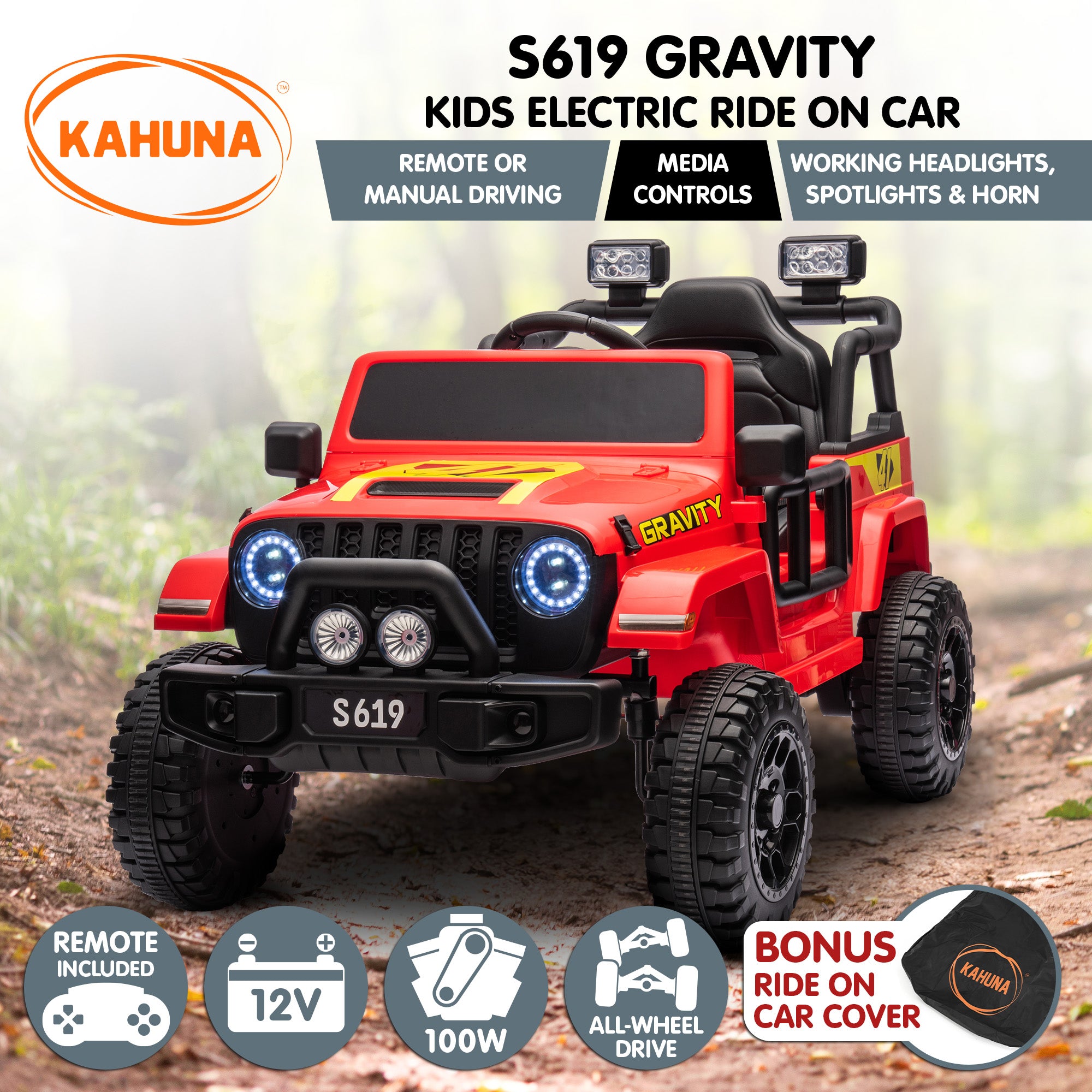 S619 Gravity 12V Jeep-Inspired Kids Electric Ride-On Car, Red