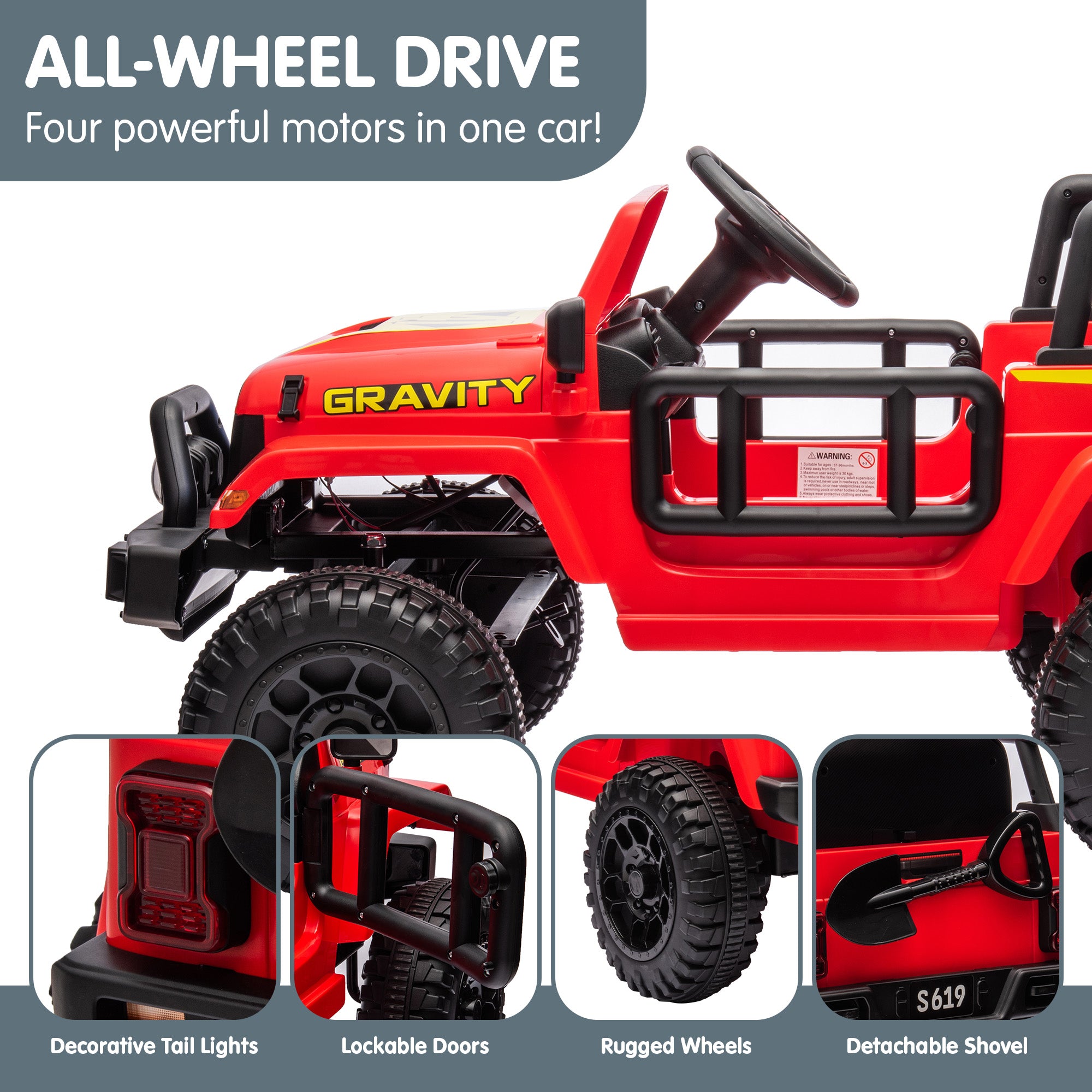 S619 Gravity 12V Jeep-Inspired Kids Electric Ride-On Car, Red