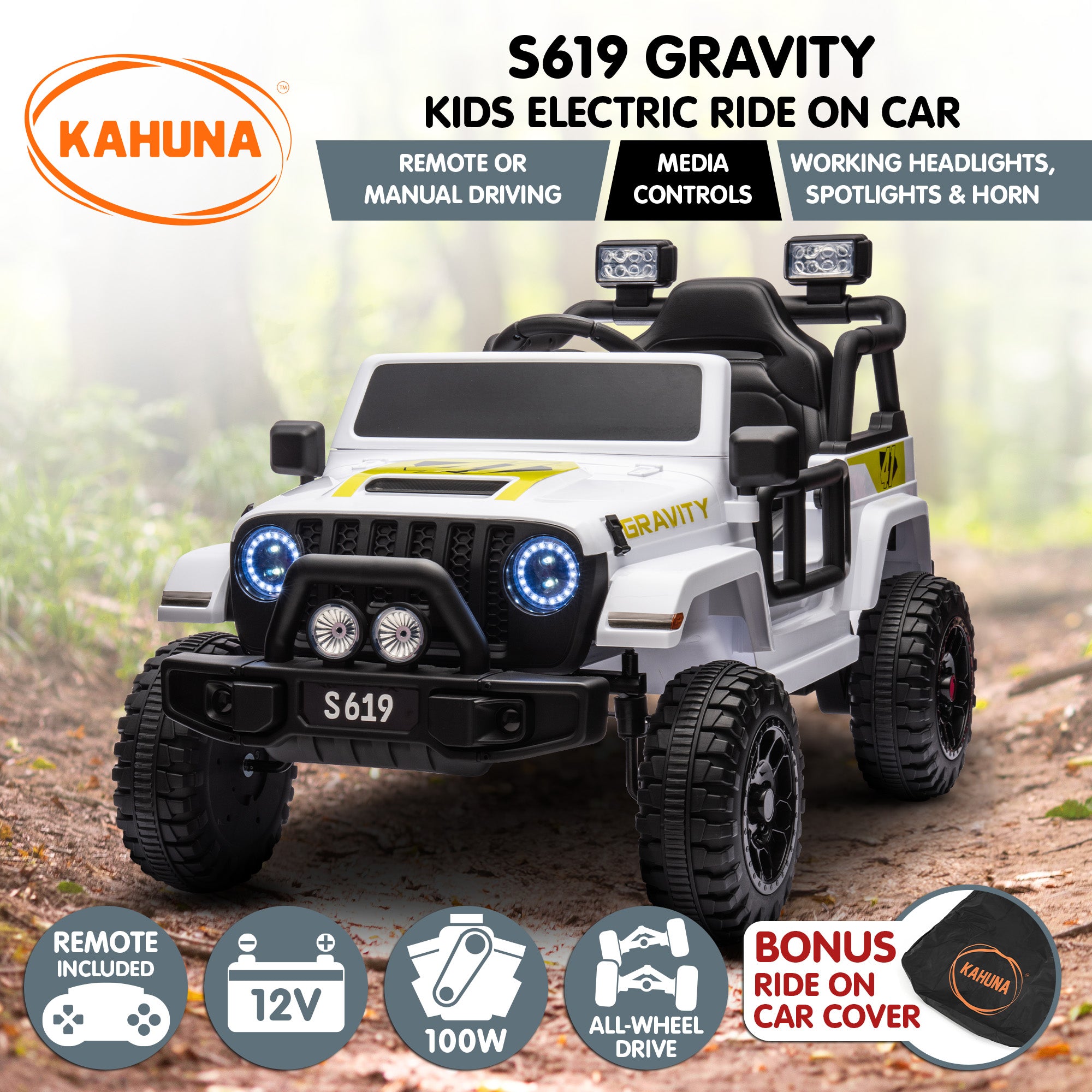 S619 Gravity 12V Jeep-Inspired Kids Electric Ride-On Car, White