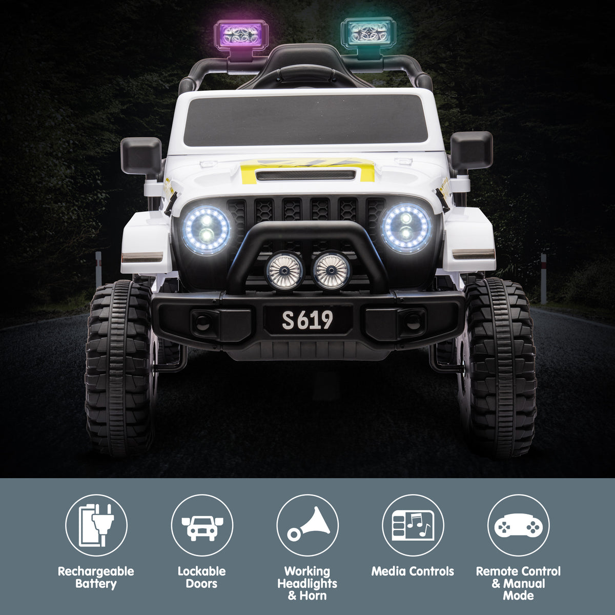 S619 Gravity 12V Jeep-Inspired Kids Electric Ride-On Car, White