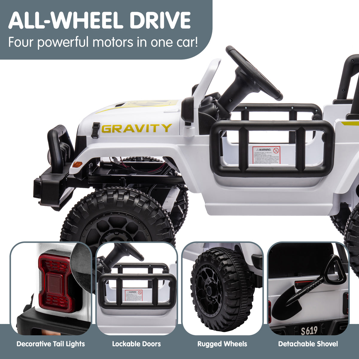 S619 Gravity 12V Jeep-Inspired Kids Electric Ride-On Car, White