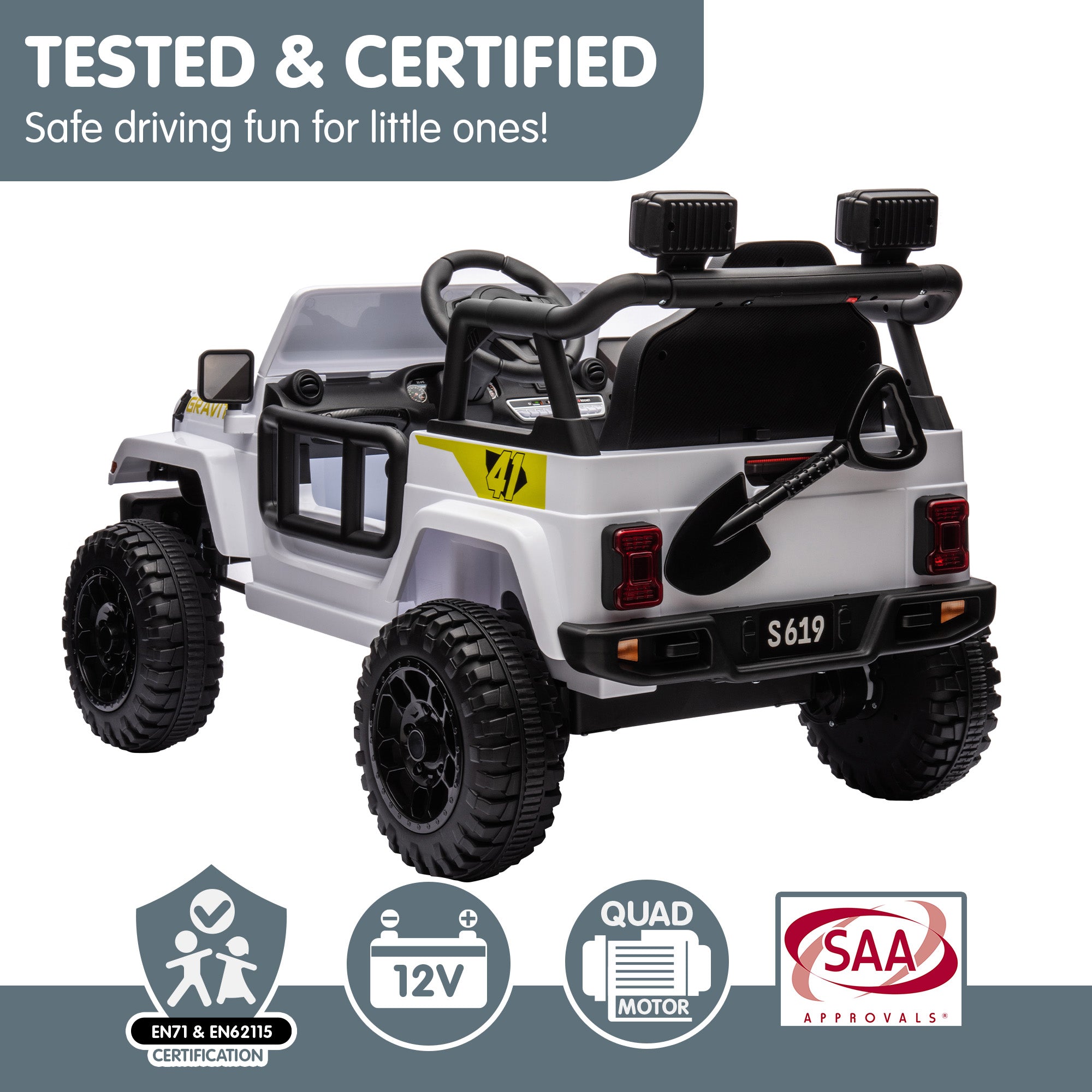 S619 Gravity 12V Jeep-Inspired Kids Electric Ride-On Car, White
