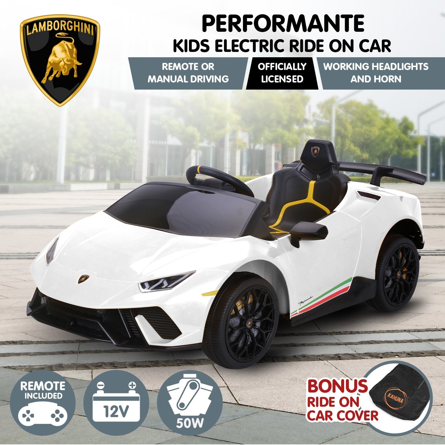 Lamborghini Performante 12V Kids Electric Ride-On Car, White