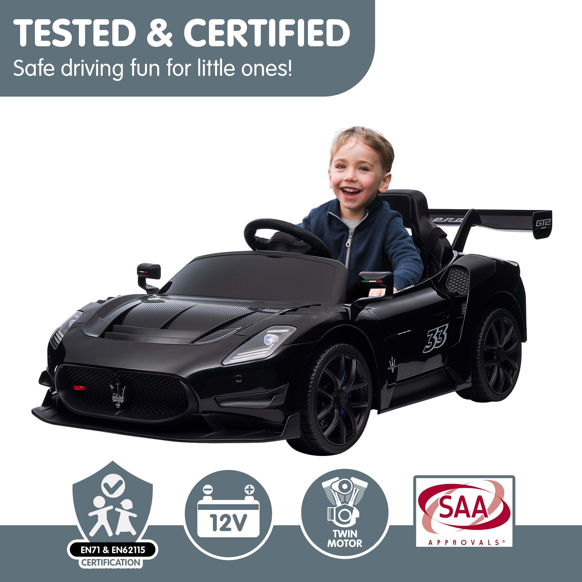 Maserati MC20 GT2 12V Kids Electric Ride-On Race Car, Black
