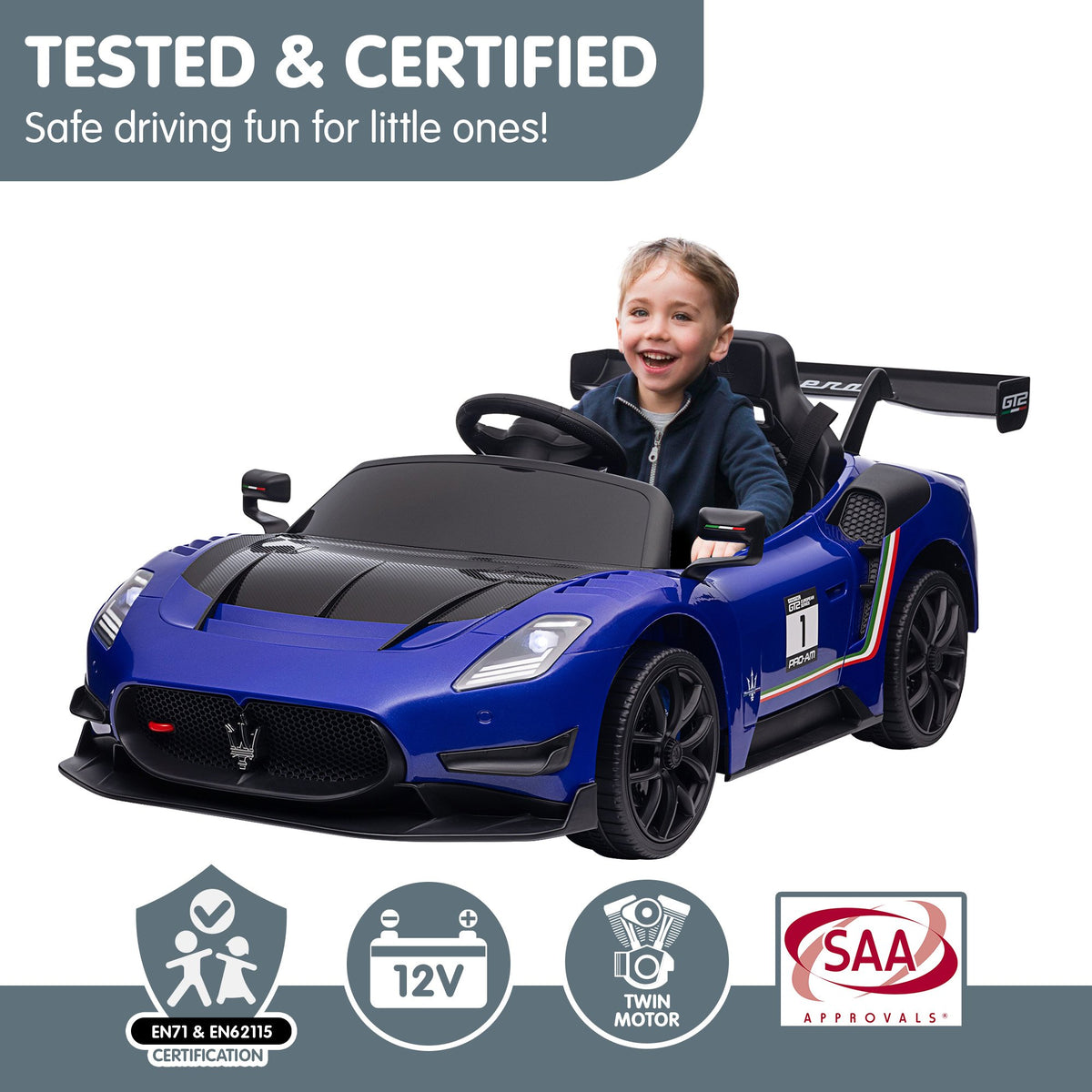 Maserati MC20 GT2 12V Kids Electric Ride-On Race Car, Blue