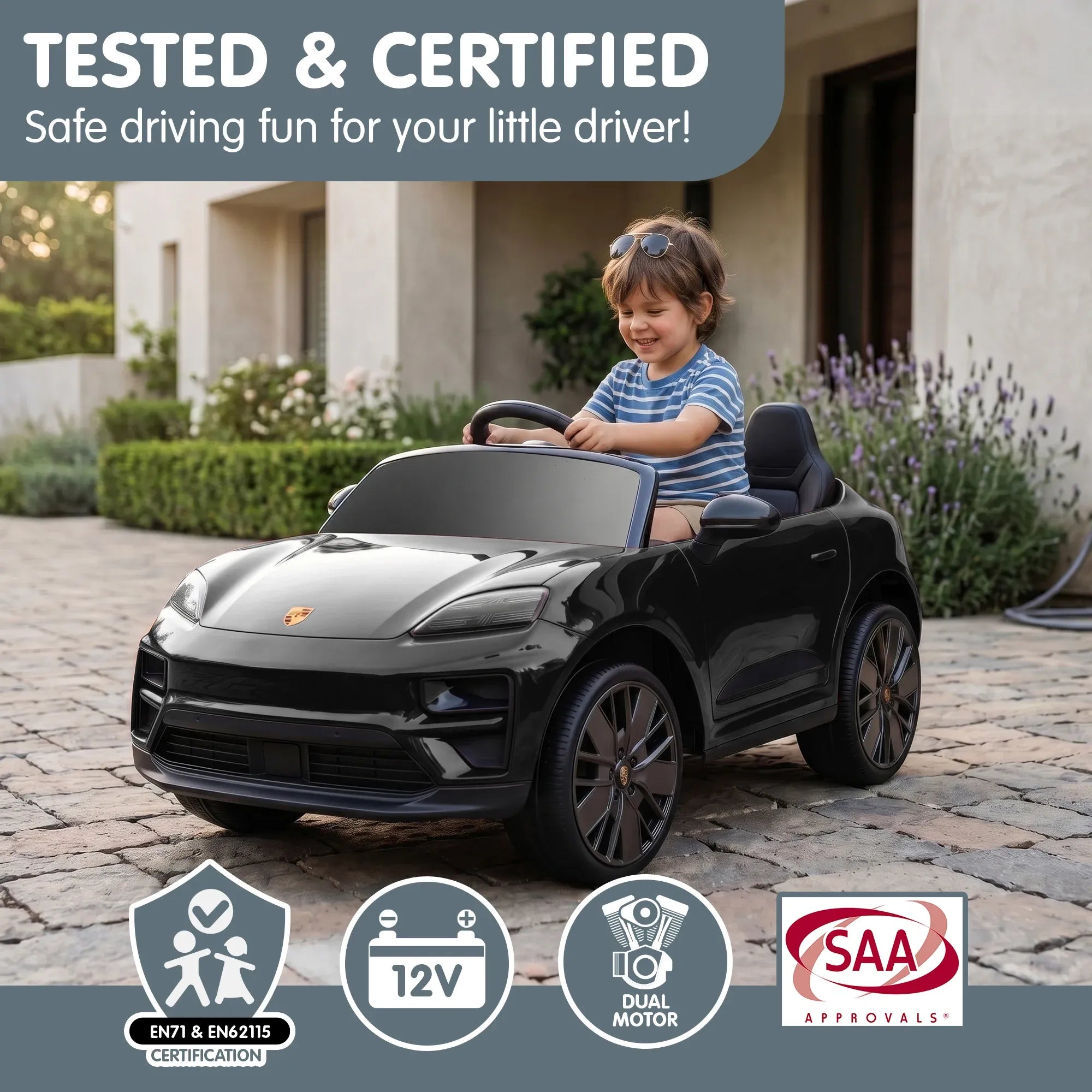Porsche Macan Turbo EV 12V Kids Electric Ride-On Car, Black