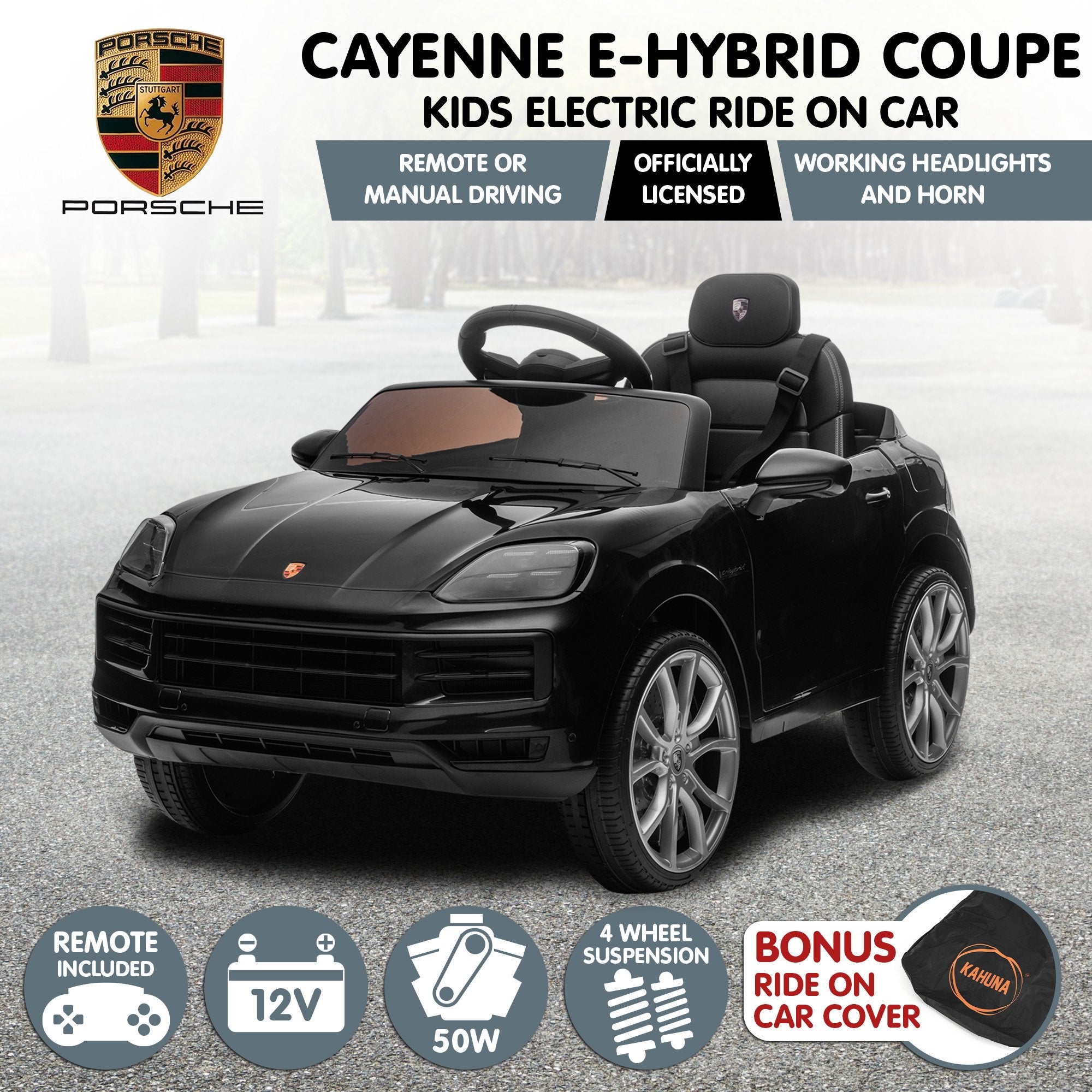 Porsche Cayenne E-Hybrid Coupe 12V Kids Electric Ride-On Car, Black