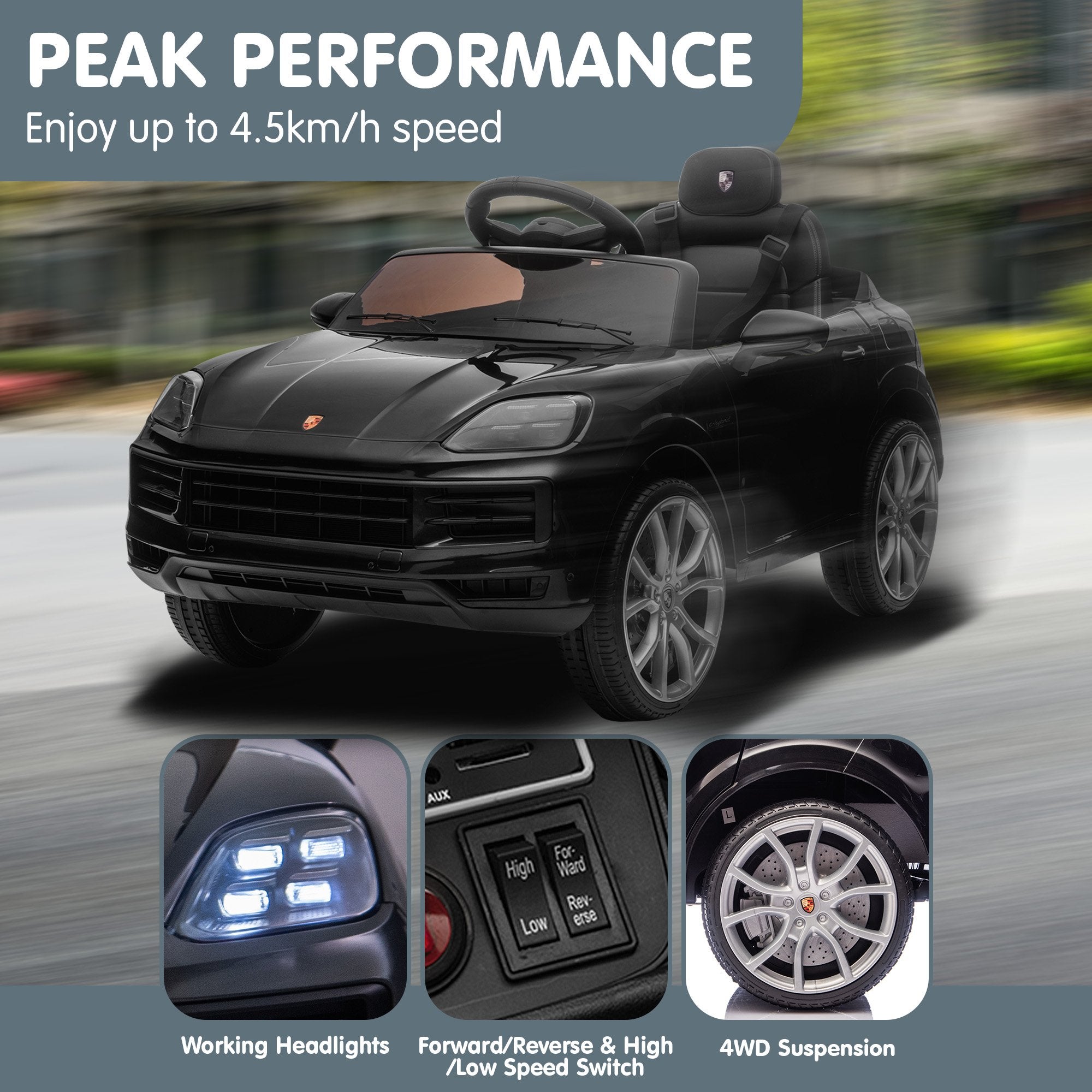 Porsche Cayenne E-Hybrid Coupe 12V Kids Electric Ride-On Car, Black